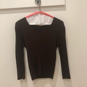 Brown V-Neck Ribbed Sweater